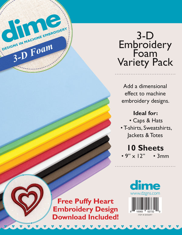DIME 3-D Embroidery Foam Variety Pack – 10 Assorted Colors | 3mm