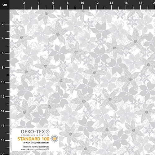 Snow Crystals Poinsettias - White/Silver Metallic - Stof Fabrics