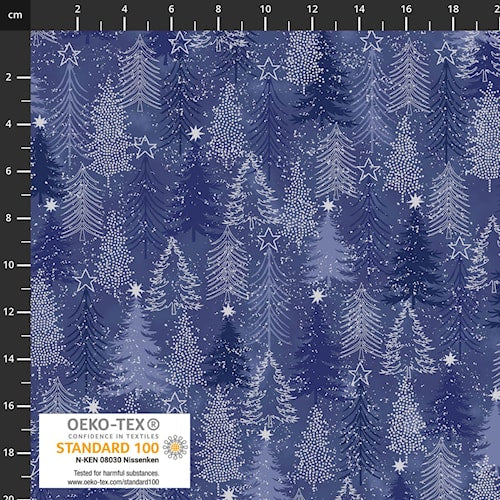 Snow Crystals Trees - Blue/Silver Metallic - Stof Fabrics