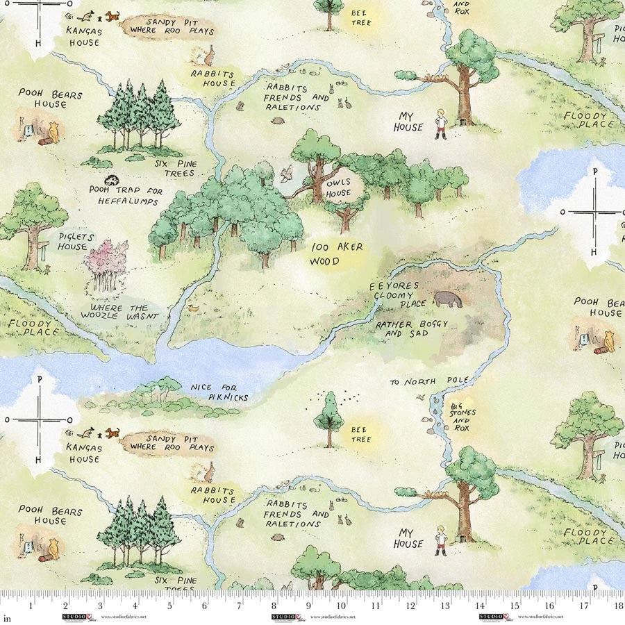 Classic Winnie Hundred Acre Wood Map Cotton Fabric | Light Green