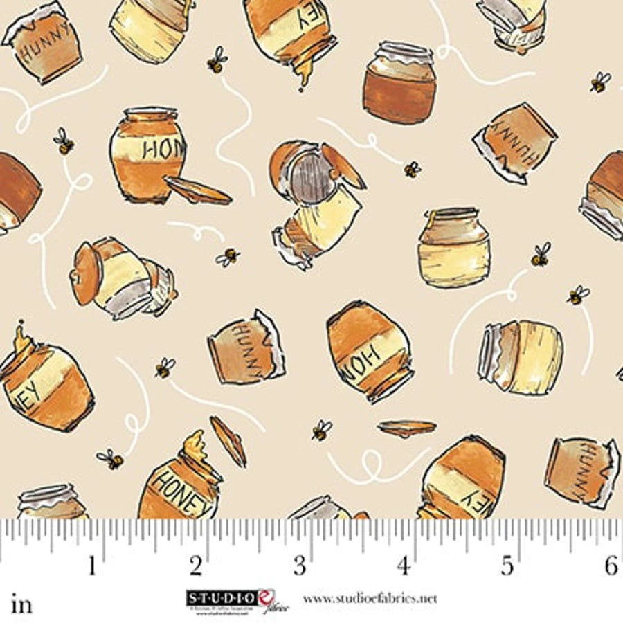 Classic Winnie Honey Pots Cotton Fabric | Taupe