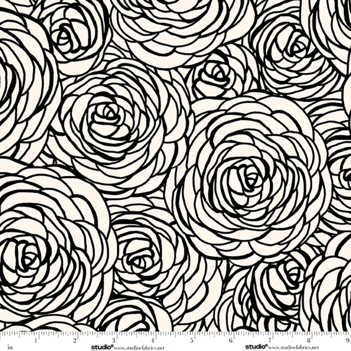 Monochrome Peony Swirl Cotton Fabric | Porcelain/Ebony - 9153-39