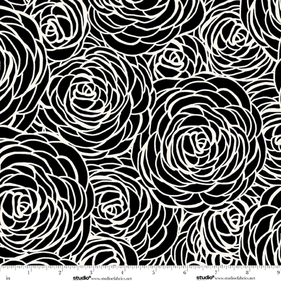 Monochrome Peony Swirl Cotton Fabric | Ebony/Porcelain