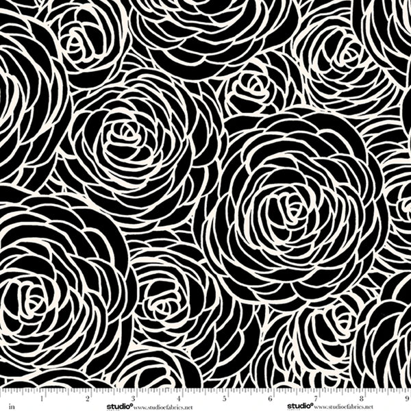 Monochrome Peony Swirl Cotton Fabric | Ebony/Porcelain