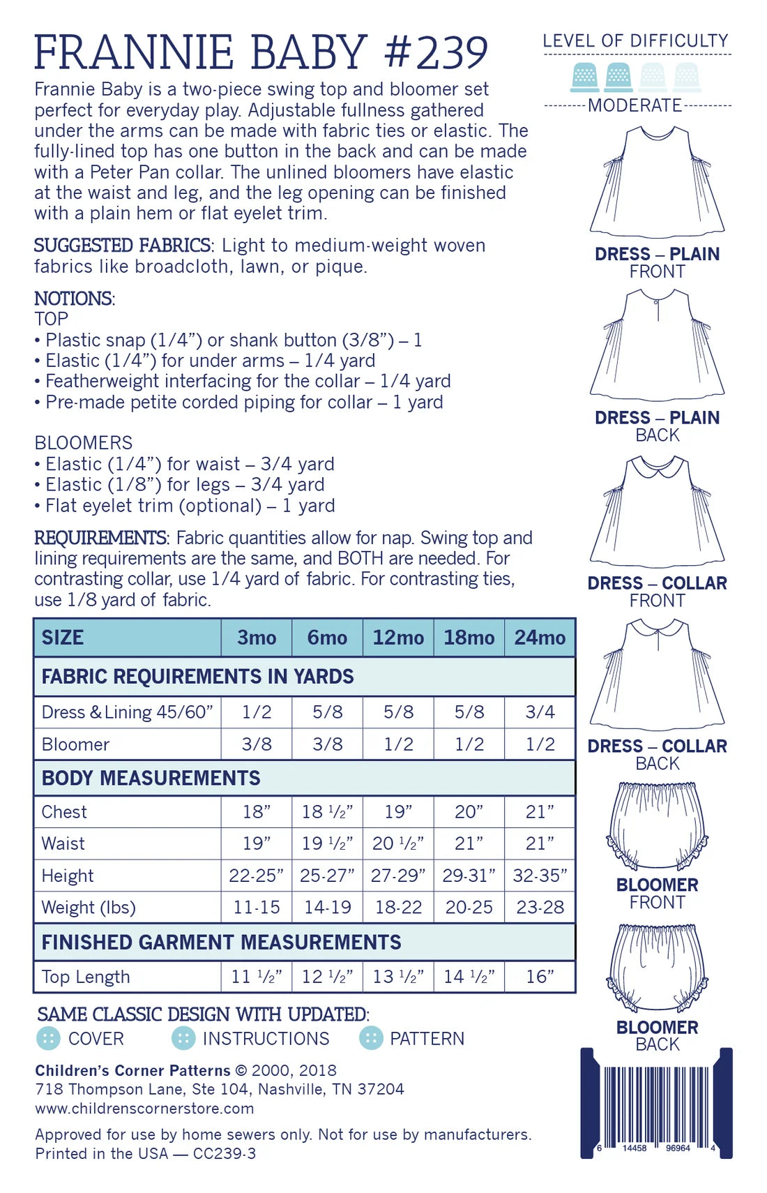 Children's Corner Frannie Baby Pattern - Sizes 3mo-24mo