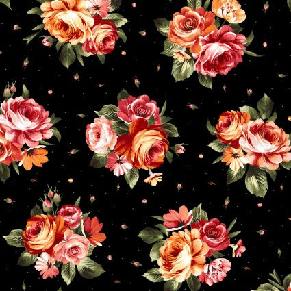 Harvest Rose Flannel with Bouquets in Black by Maywood Studio