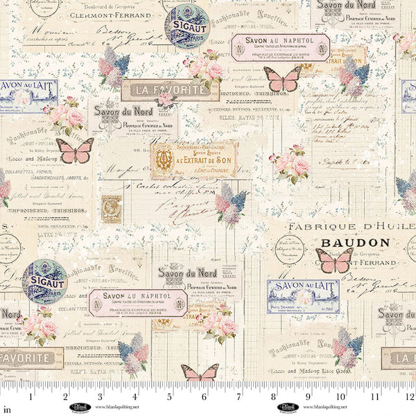 Parisian Snippets Collection with Labels and Butterflies in Ecru color for Blank Quilting