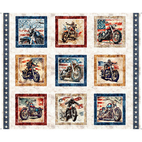 Stars, Stripes, & Steel Motorcycles Picture Patches from QT Fabrics