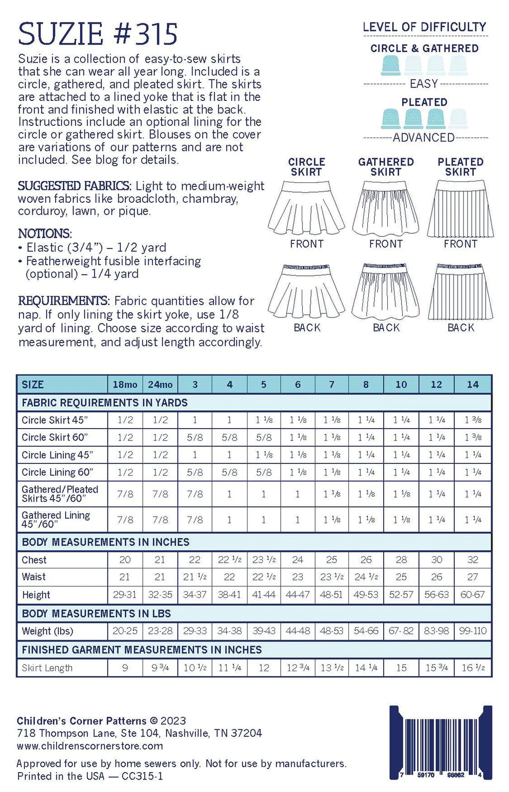 Suzie Skirt Collection Pattern - Children's Corner (Sizes 18mo-14)