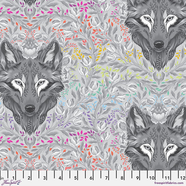 Tula Pink's Wolf of Pink Street in Fog from the True Colors Graywork Collection