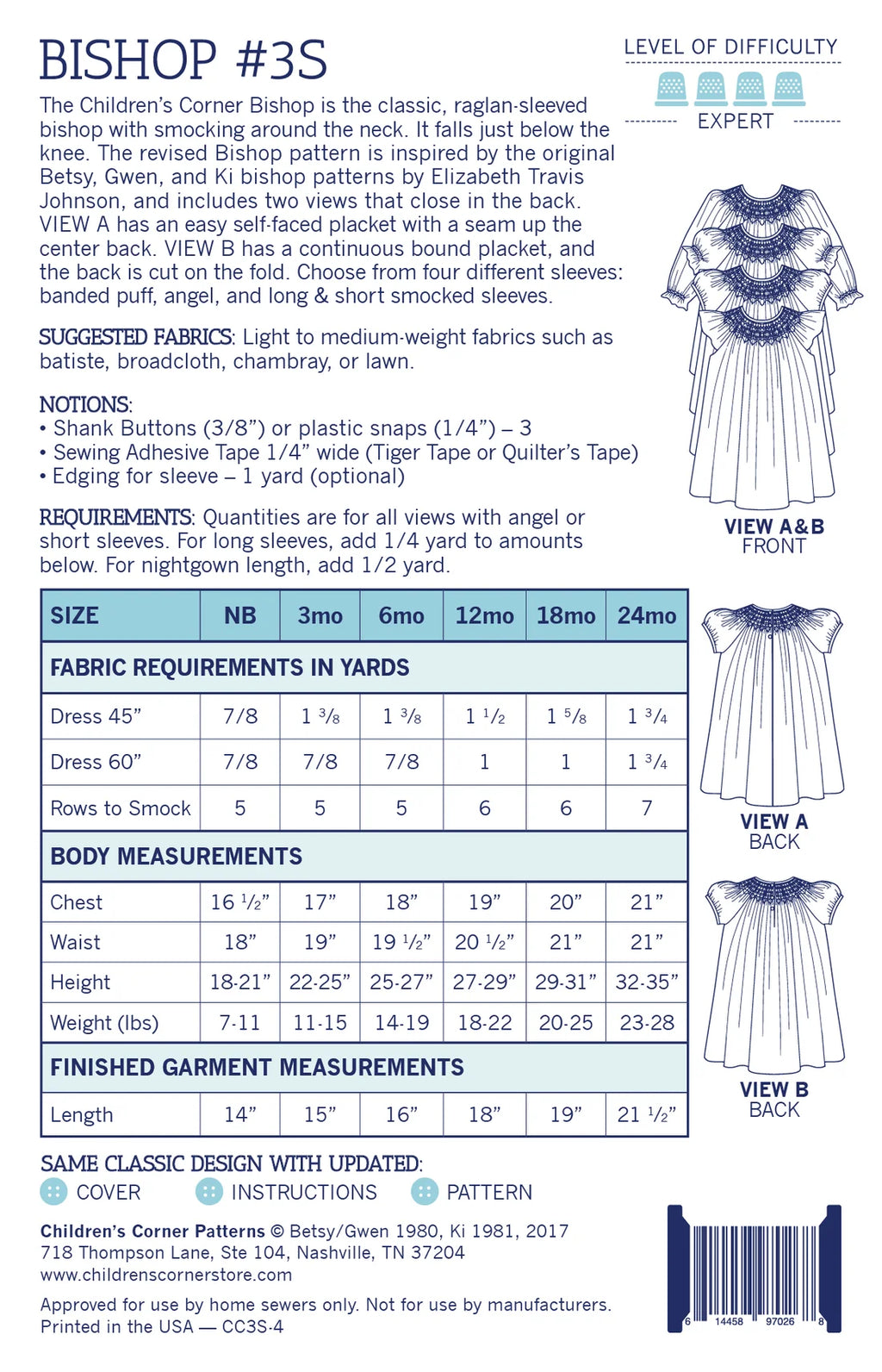Bishop Pattern - Children's Corner (Sizes Newborn-24mo & 3-6 yrs)