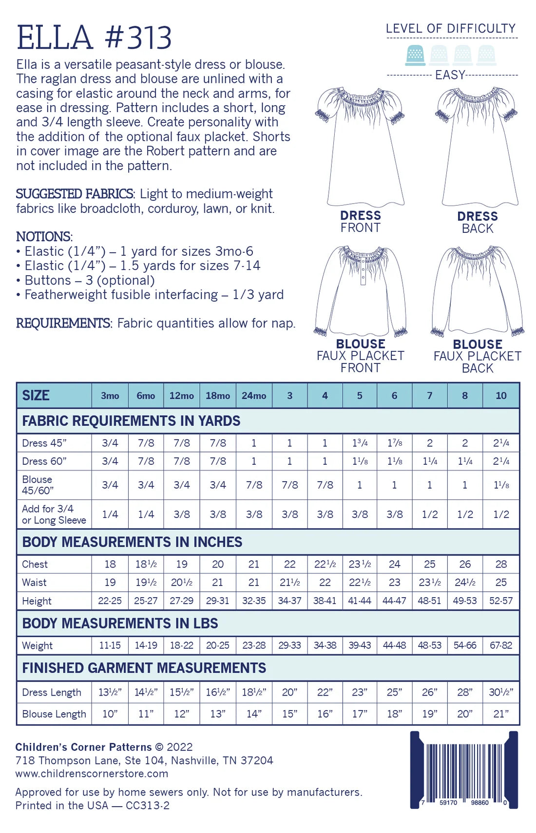 Ella Pattern - Children's Corner (Sizes 3mo-10)