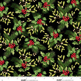 Holiday Feather & Flourish Holly and Mistletoe - Black Multi