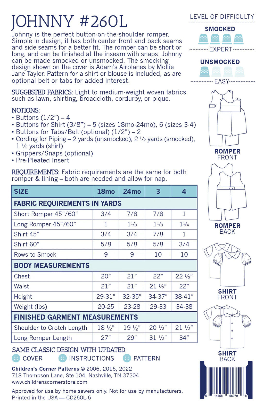 Johnny Pattern - Children's Corner (Sizes 3mo-12mo & 18mo-4 yrs)