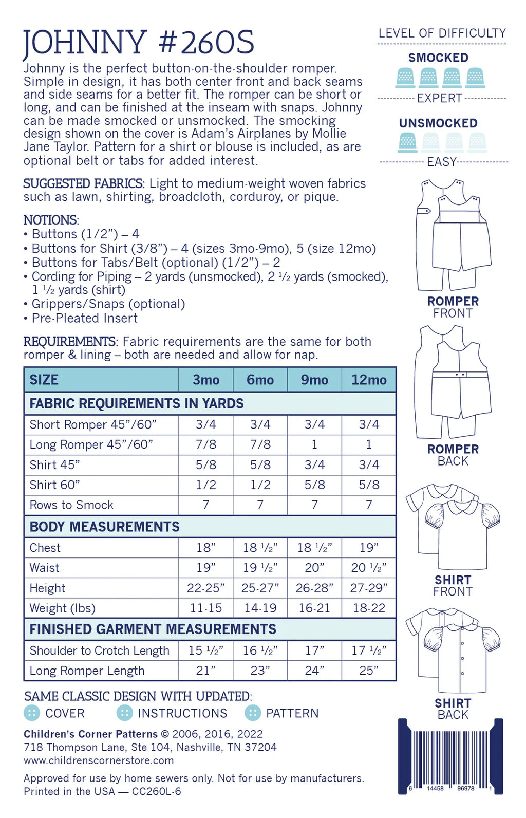 Johnny Pattern - Children's Corner (Sizes 3mo-12mo & 18mo-4 yrs)