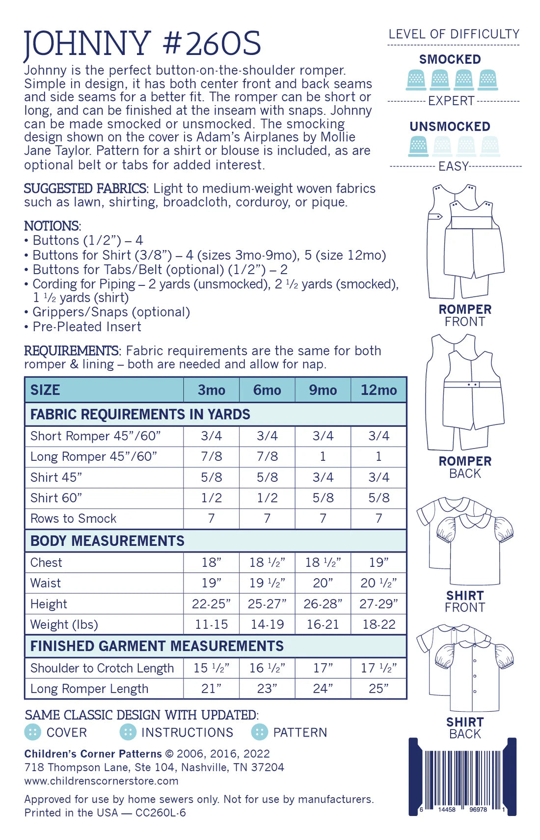 Johnny Pattern - Children's Corner (Sizes 3mo-12mo & 18mo-4 yrs)
