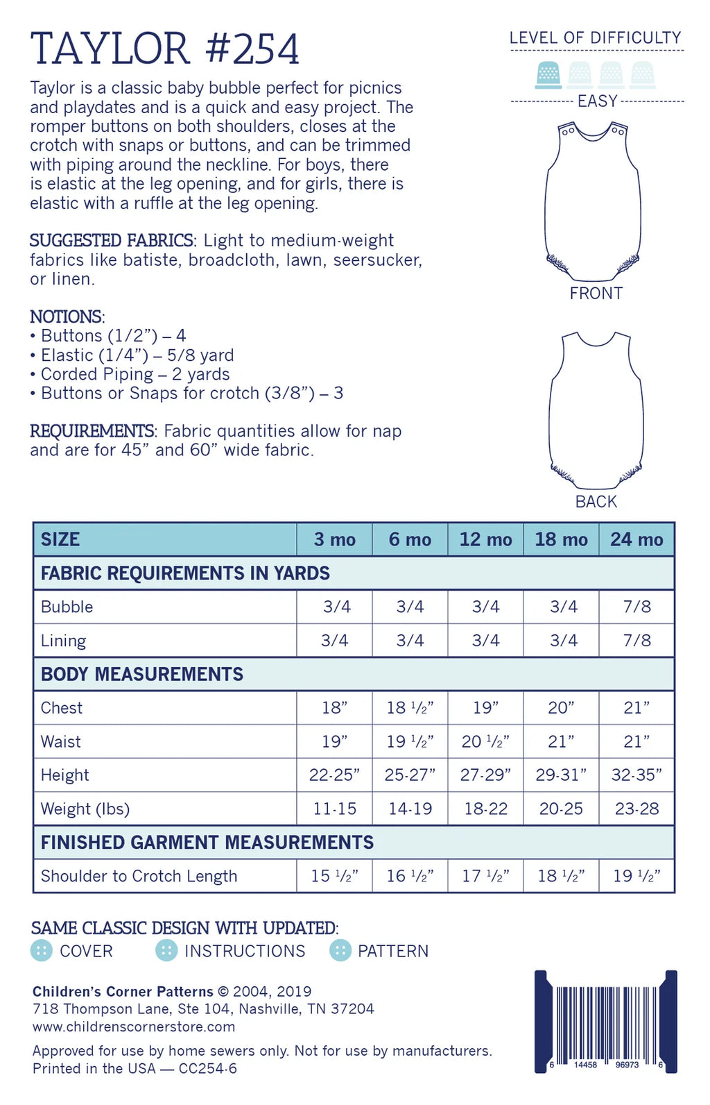 Children's Corner Taylor Pattern - Sizes 3mo-24mo