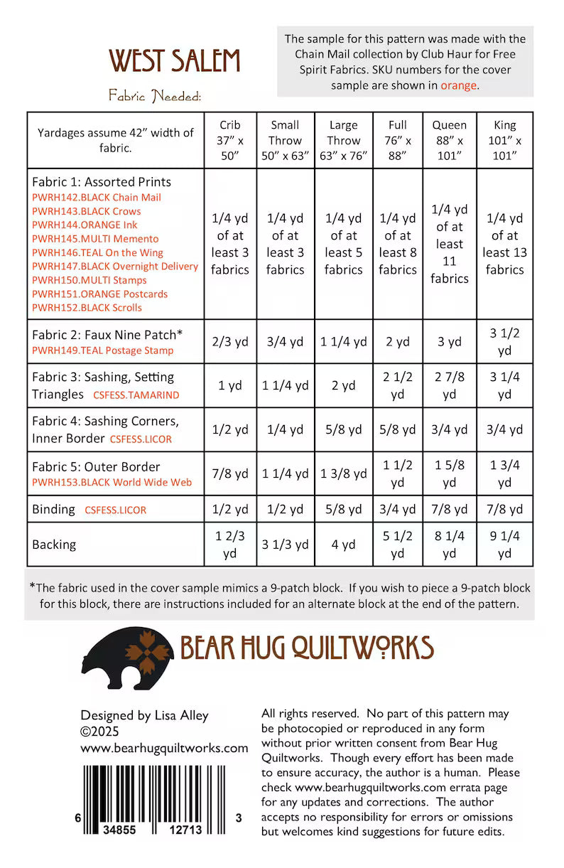 West Salem Quilt Pattern - Bear Hug Quiltworks
